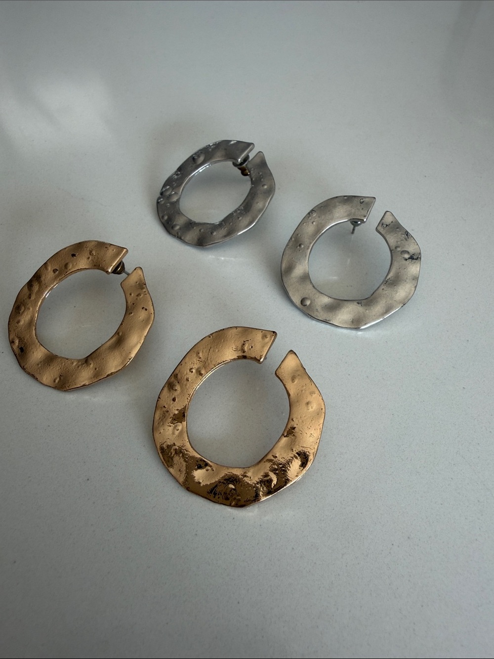 Handcrafted Style Hammered Metal Hoop Earrings Set - Silver & Gold